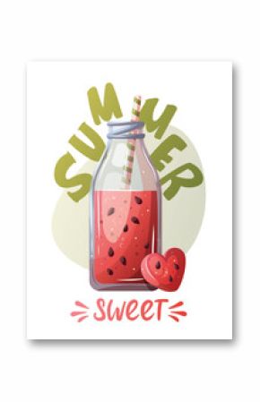 Summer card design with watermelon smoothie in a bottle. Handwritten lettering. Vector illustration for card, postcard, poster, banner.