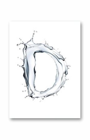 A shimmering water droplet forming the elegant shape of the letter D, isolated on a pristine white backdrop, graphic novel art. with white shades