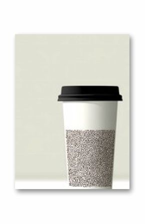 A clean minimalist illustration of a white takeaway coffee cup with black lid, featuring a stylish square speckled pattern and bold COFFEE lettering. Perfect for cafe branding, food packaging