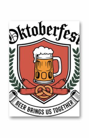 Oktoberfest crest logo design with beer stein, sausages, pretzel, and laurel, traditional German festival emblem