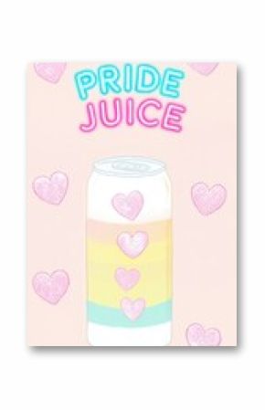 PRIDE JUICE a neon-colored soda can with rainbow stripes, floating hearts, and the slogan chrome bubble letters, with halftone dots and faded edges