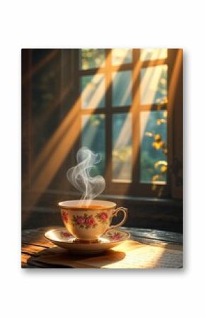Warm hazy rays highlighting vintage teacup and handwritten letter on wooden table background wallpaper for card invitation or phone