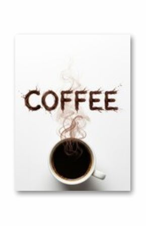 Coffee cup with steam forming the word coffee isolated on white background