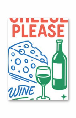 Cheese with wine bottle and glass flat vector bright colors