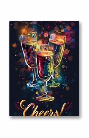 Bright graphic design of cocktails with the inscription “Cheers!” stylish typography of elegant font, neon glow effect, golden highlights 