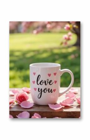 A white mug with love you text and pink hearts sits among rose petals on wood surface.