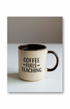 Beige Coffee Mug with Brown Interior and Coffee Fuels Teaching Text