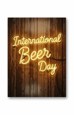 Illuminated international beer day celebration on rustic wooden background for festive event promotion or bar decor