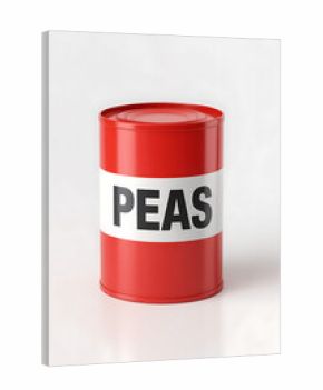 Red can of peas, white band with black lettering. 