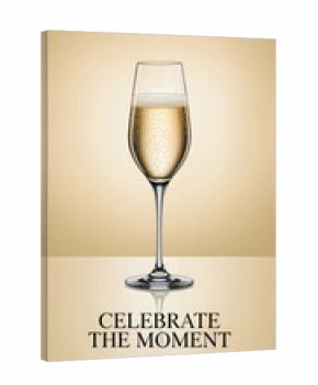 Champagne glass with bubbles and celebratory text drink