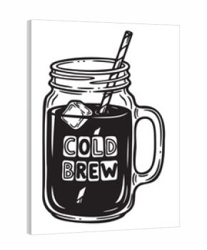 Black outline drawing of a mason jar filled with cold brew coffee, featuring ice cubes and a striped straw protruding from the top.