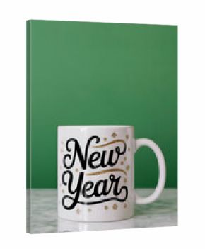 White mug with elegant black and gold Happy New Year lettering isolated on bright greenscreen background