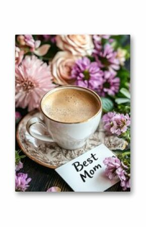 coffee flowers and the inscription mom you are the best. Selective focus