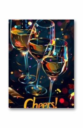 Bright graphic design of flutes with the inscription “Cheers!” stylish typography of elegant font, neon glow effect, golden highlights