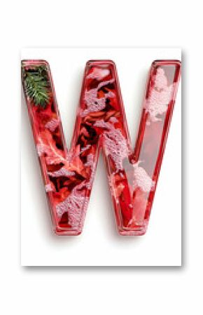 Letter W filled with red flowers, greenery cast shadow on white background
