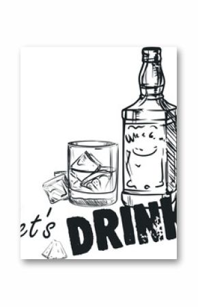 Vector illustration of whiskey bottle, glass. Design line art brush, lettering