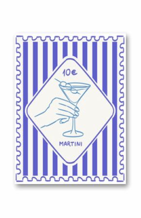 Vintage stamp or sticker print, wall art vector travel postcard, summer engraving placard or poster. Retro frame or border element design. Hand hold martini cocktail with olive. Beach party invitation