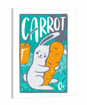 Cute Bunny with carrot. Editable design for juice or puree. Vector flat hand drawn illustration in cartoon style