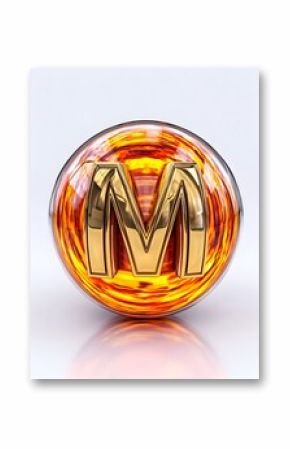 Gold letter M in fiery orb