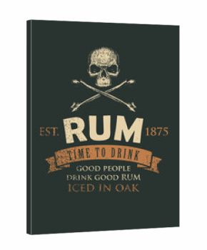 Vector banner with the inscription Rum and the words Time to drink. A human skull and crossbones on a black background in grunge style. Good people drink good rum.