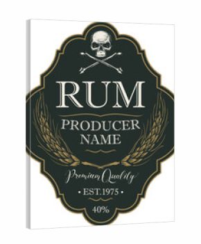 Black vector label for rum in retro style with a human skull, crossbones and spikelets in a curly frame. Pirate collection of premium spirits aged in an oak barrel