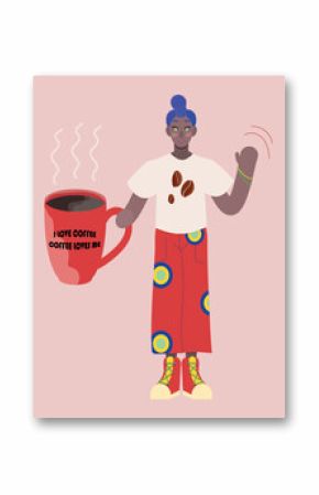 Abstract man with a big cup of coffee. Bright people.