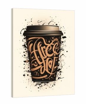 A stylized coffee cup featuring artistic lettering and abstract design elements.
