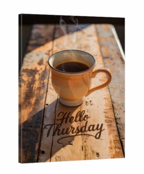 Coffee cup placed on the table with the message Hello Thursday