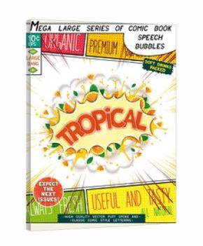 Tropical. Colorful explosion with fruit, splashes and clouds of smoke with caption in comic style.. 3D realistic pop art speech bubble