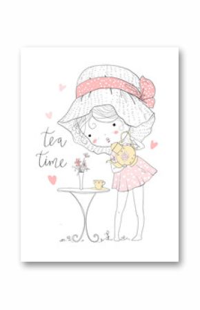 Girl with tea and lettering
