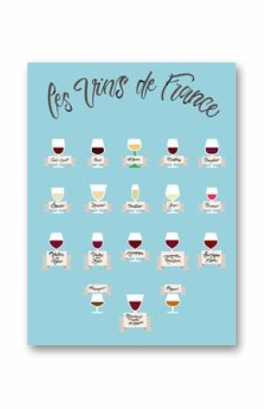 Vector lettering and flat illustration of wine "Les vins de France' with their names