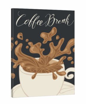 Vector banner with a cup of coffee, coffee splashes and handwritten inscription Coffee Break in retro style.