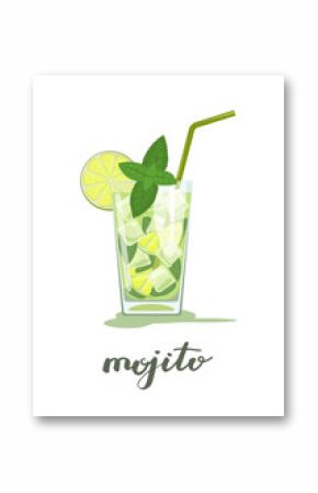 Glass of mojito cocktail with mint and straw and handwriting Mojito. Vector illustration isolated on white background