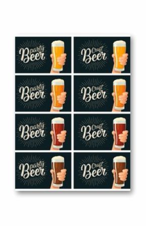 Male hand holding a glass with four types beer - light, white, red and dark