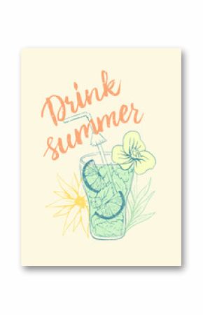 Summer lettering with mojito coctail ink illustration