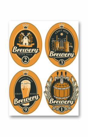 Vector set of beer labels in oval frames with barrel, beer glass, mill, laurel wreath, ears of wheat and brewery production in retro style. Labels or stickers for beer and brewery.