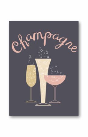 Variety of glasses of champagne with lettering