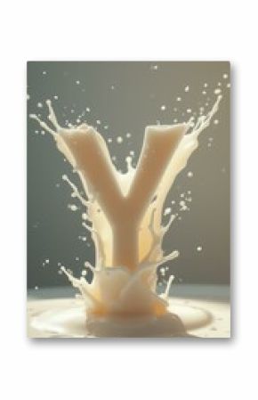 Milk explosion with letter Y, dynamic splash and droplets against gradient background with smooth surface