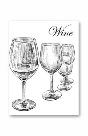 Sketches of wine glasses, vector realistic hand drawn illustration isolated on white background
