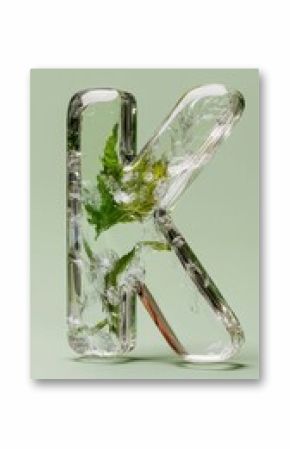 Glass letter k with green leaves encased in transparent ice against pale green background