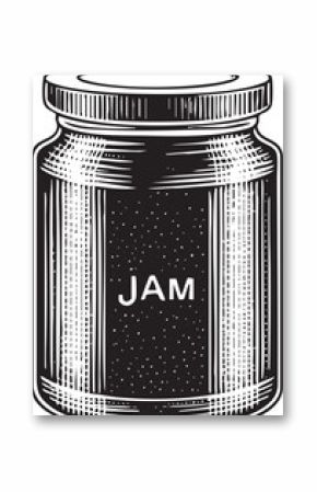 detailed jar filled with dark jam is presented on a white background.