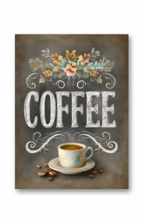 Vintage coffee chalkboard art with ornate floral decorations hand lettered typography elegant teacup saucer and coffee beans on dark textured background cafe kitchen wall decor.