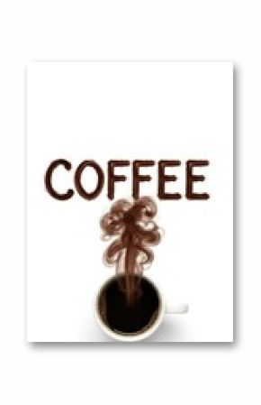 Coffee cup with steam forming the word coffee isolated on white background