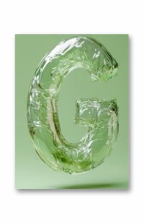 Transparent glass letter g on light green background with reflections
