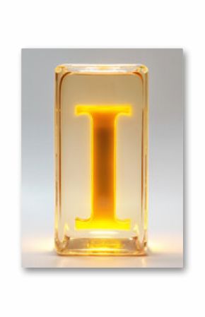 Illuminated yellow letter I in glass block with soft glow and simple background