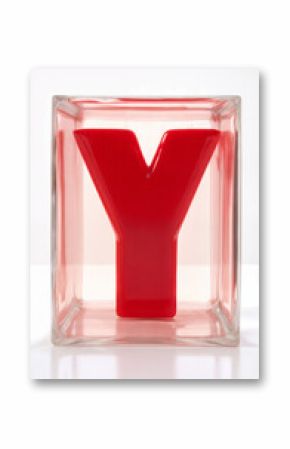 Bright red letter Y embedded in a clear acrylic block against a light background 