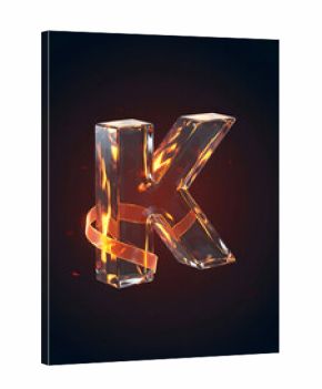 3D rendered uppercase letter K with transparent, glass-like material, highlighted with fiery orange accents and sparks. Abstract graphic design element for a logo or branding project.