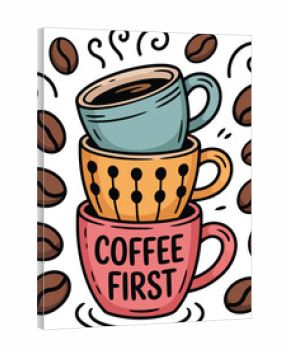 Stack of Coffee Cups with Coffee Beans and " Coffee First" Text beverage