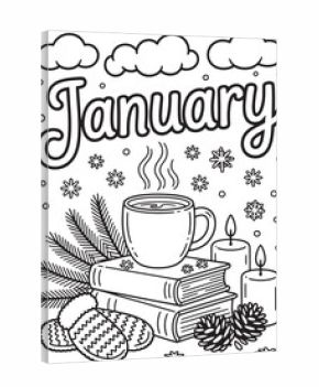 January text with hot drink books pine needles and candles lettering word