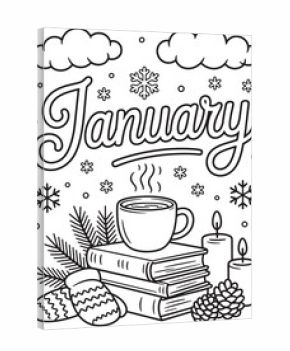January lettering with winter elements and hot drink snow snowflake